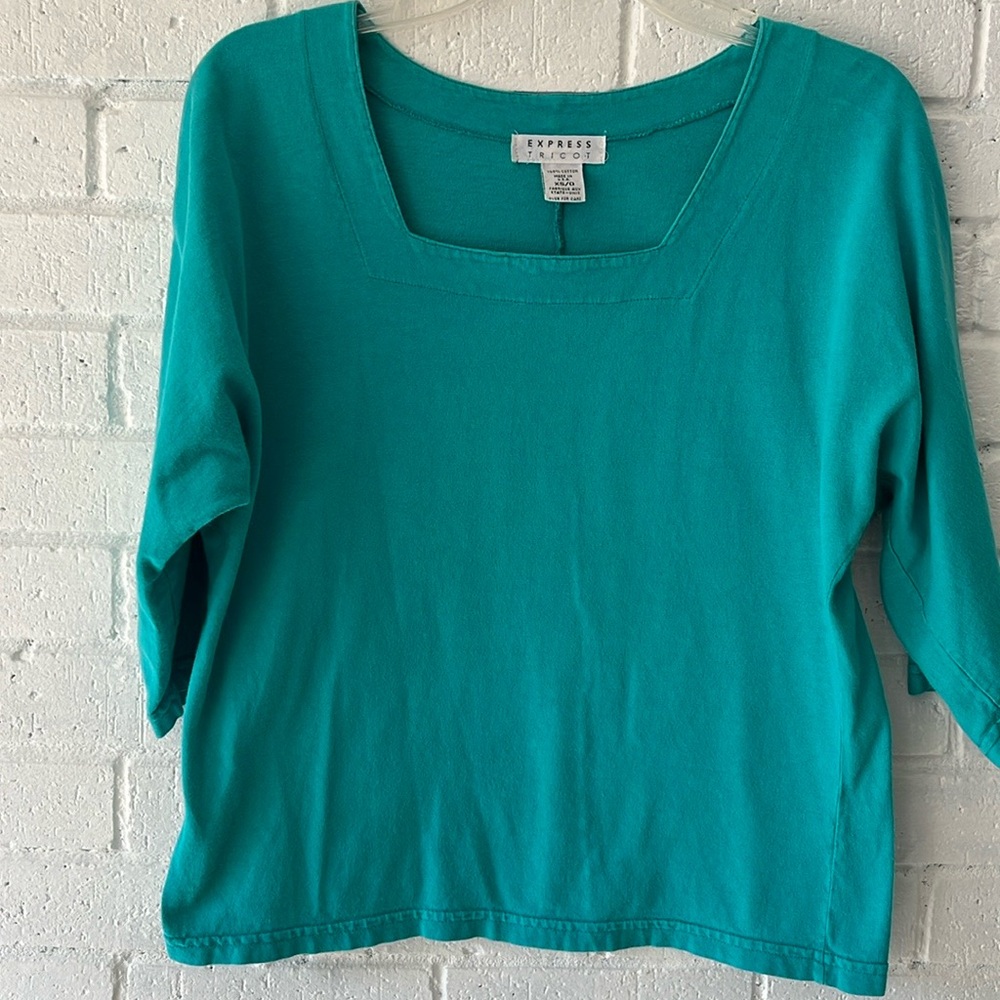 Vintage Express Tricot Top Sz XS/0 3/4 Sleeve Square Neck Made in the USA Cotton